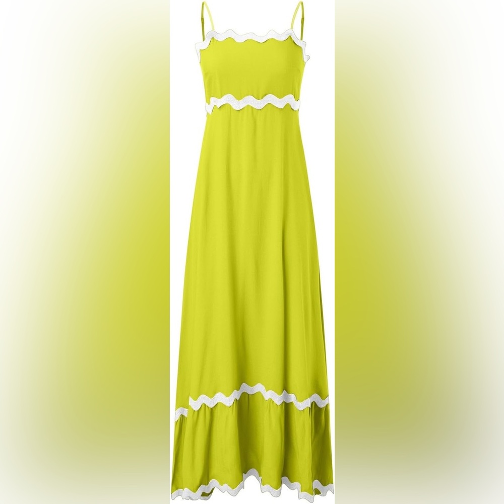 Lime Green Ric Rac Maxi Dress with White Scallop Trim, Adjustable | NWOT, Sz Sm